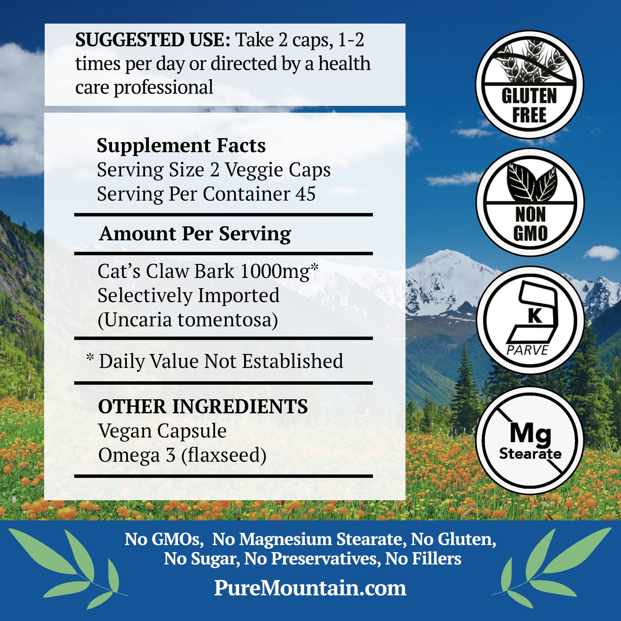 Pure Mountain Botanicals Cat's Claw Bark 1000mg capsule side view