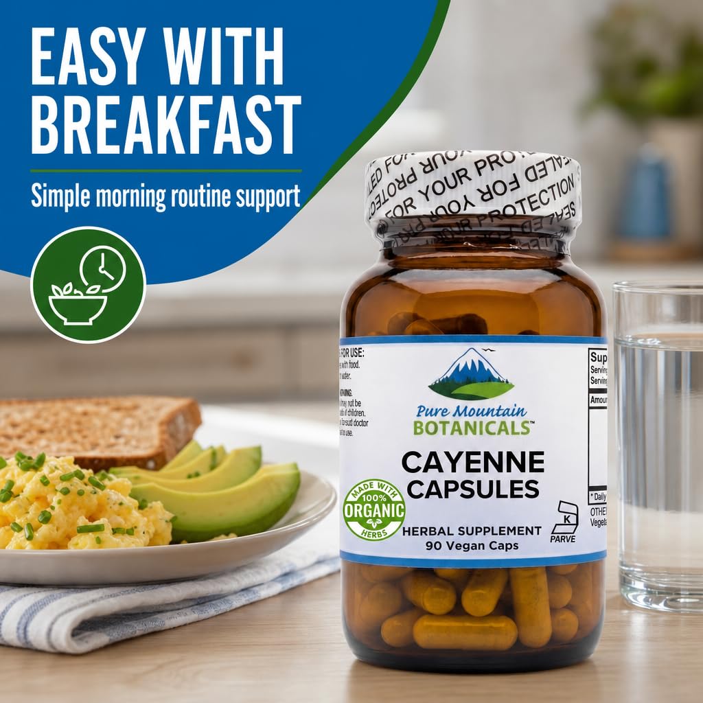 Pure Mountain Botanicals Cayenne Pepper Capsules on a wooden surface