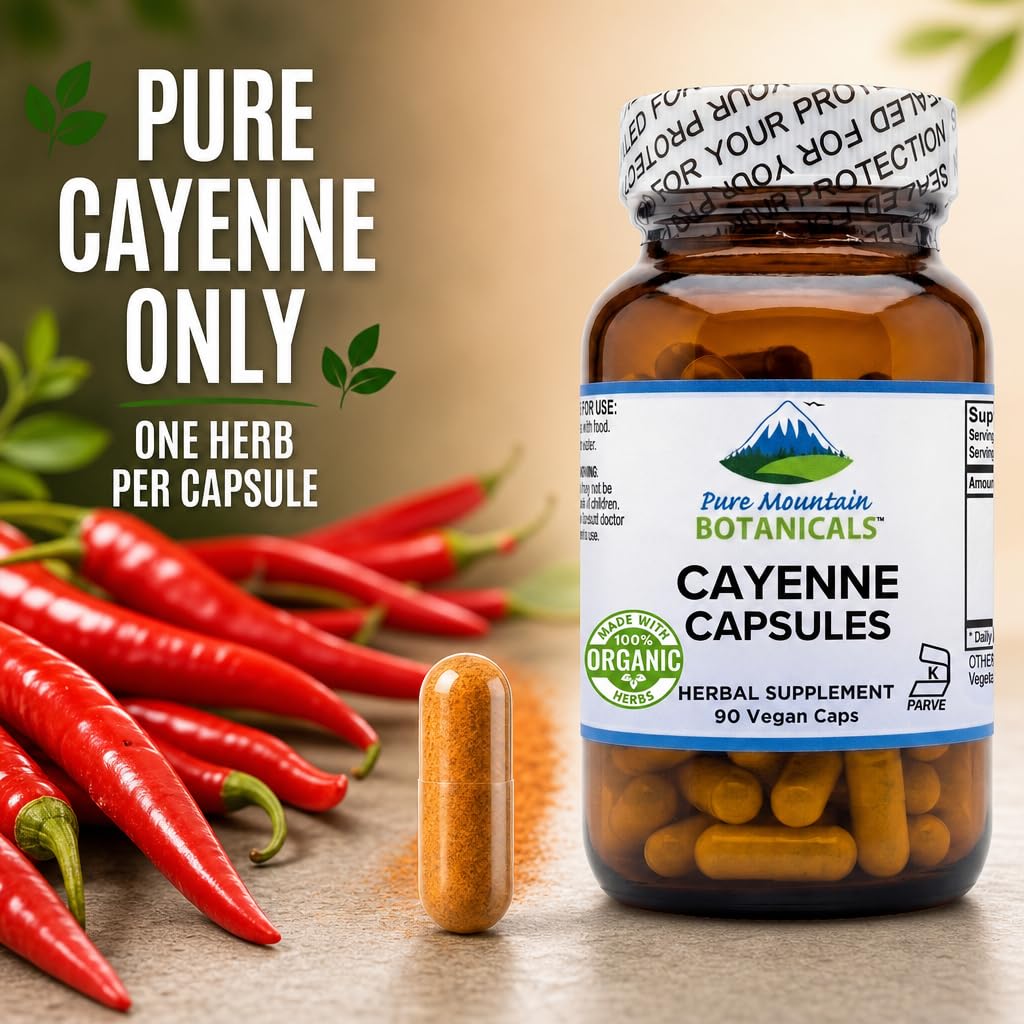 Pure Mountain Botanicals Cayenne Pepper Capsules with dietary certifications