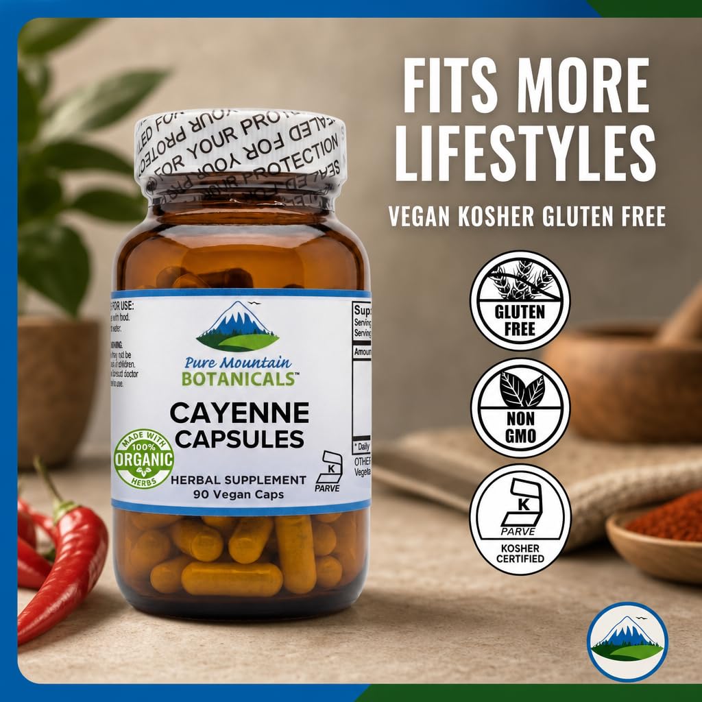 Pure Mountain Botanicals Cayenne Pepper Capsules with open bottle