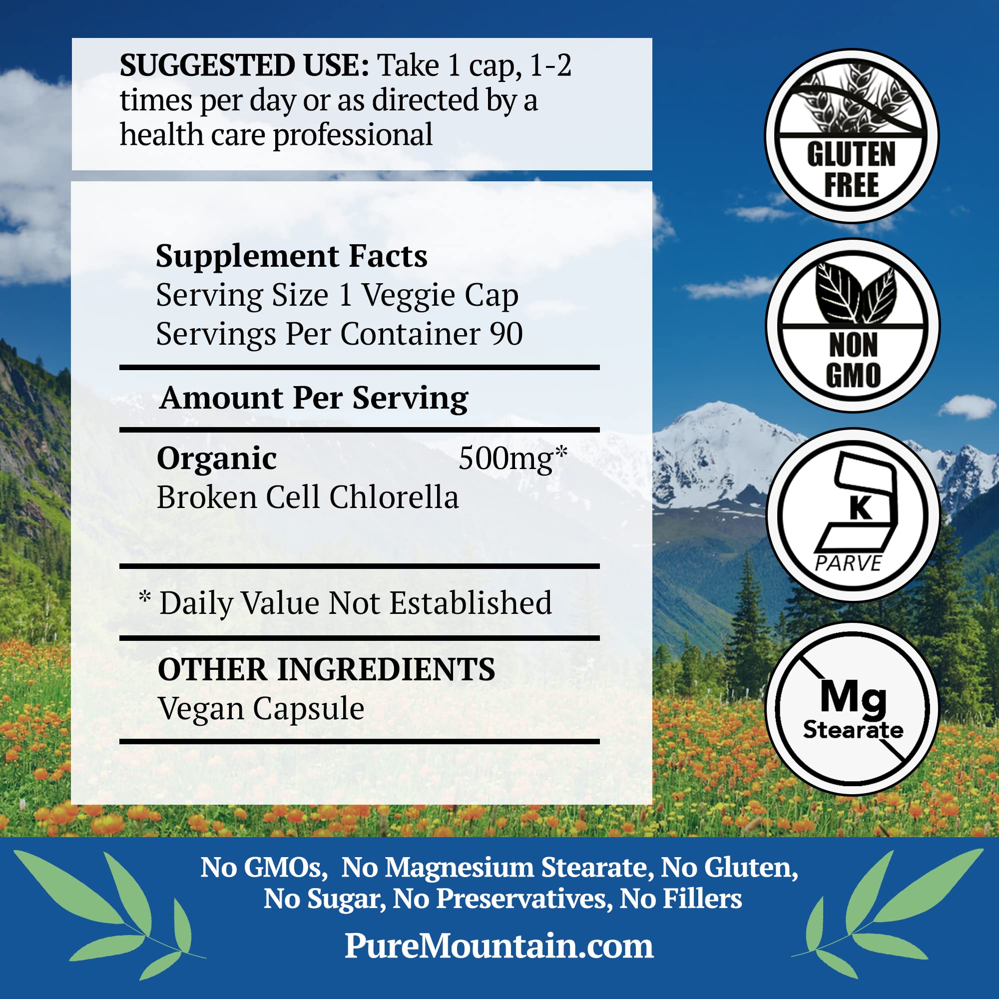 Pure Mountain Botanicals Chlorella Capsules 500mg side view