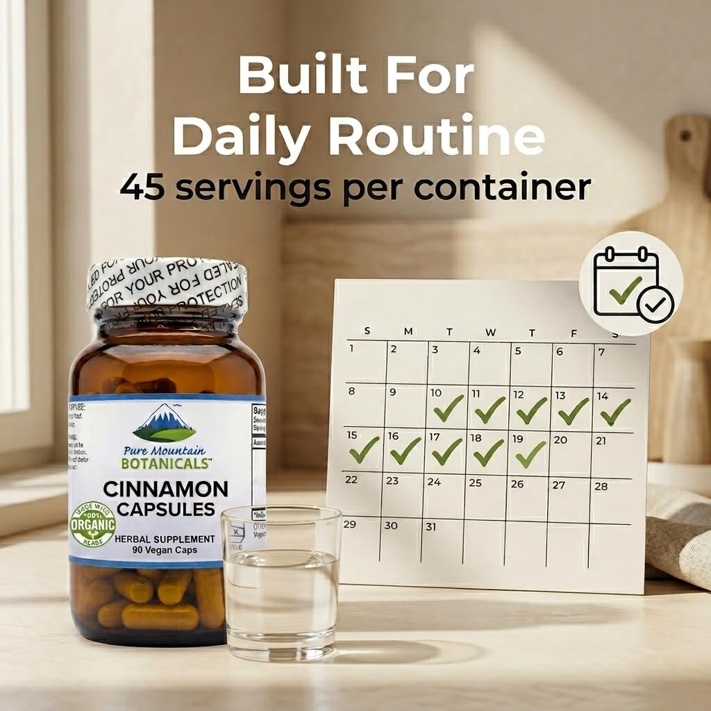 Pure Mountain Botanicals Cinnamon Bark Capsules with a measuring spoon