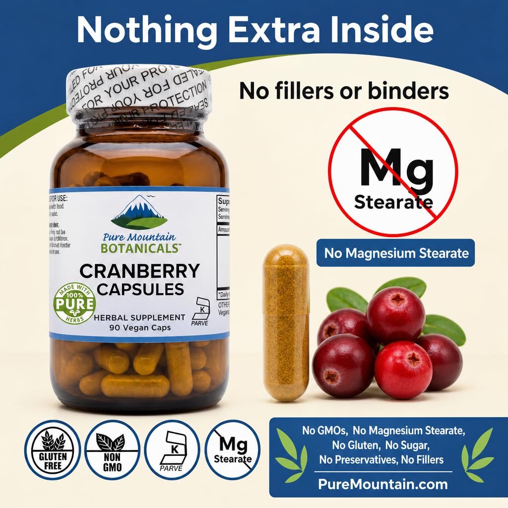 Pure Mountain Botanicals Cranberry Extract Capsules on a wooden table