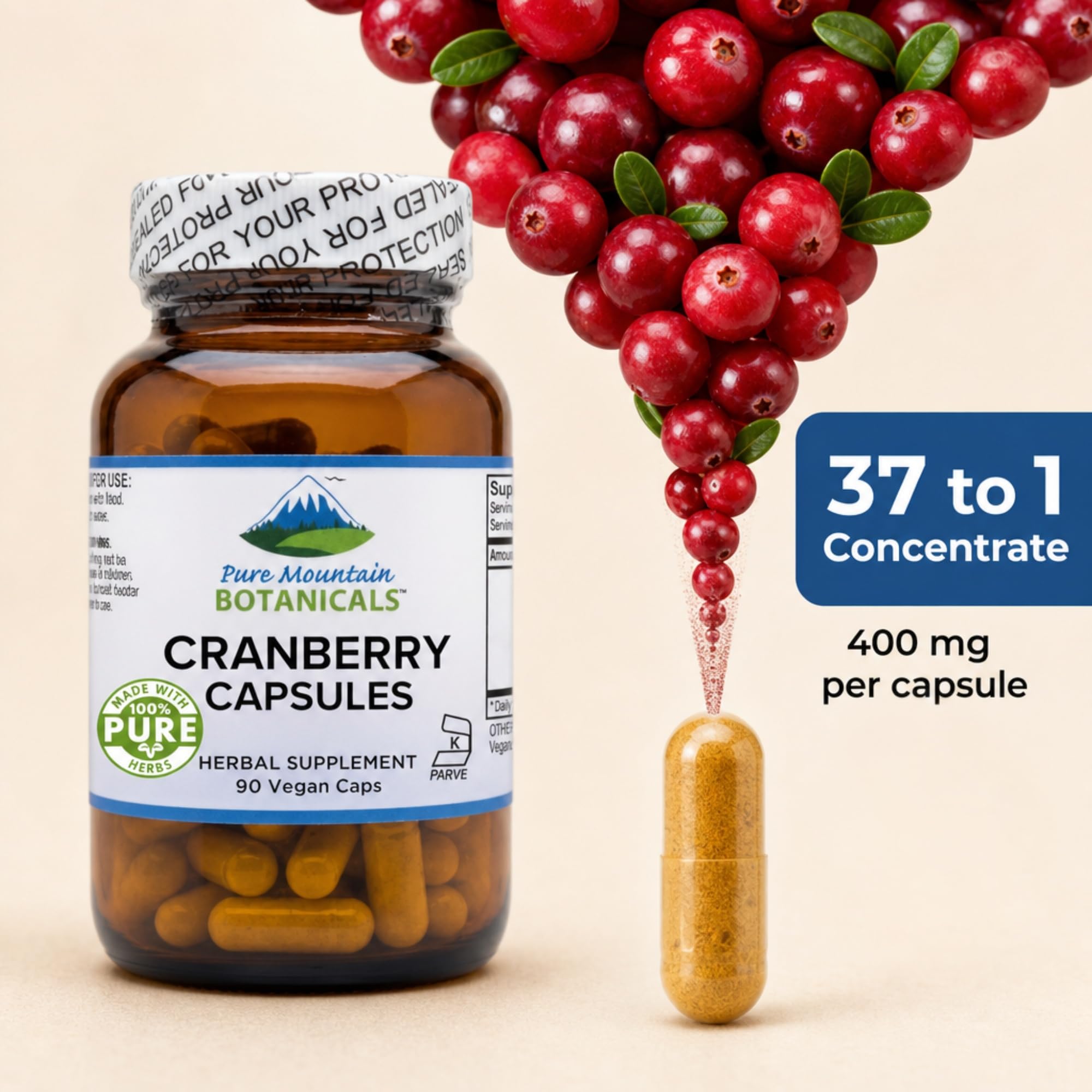 Pure Mountain Botanicals Cranberry Extract Capsules with label details
