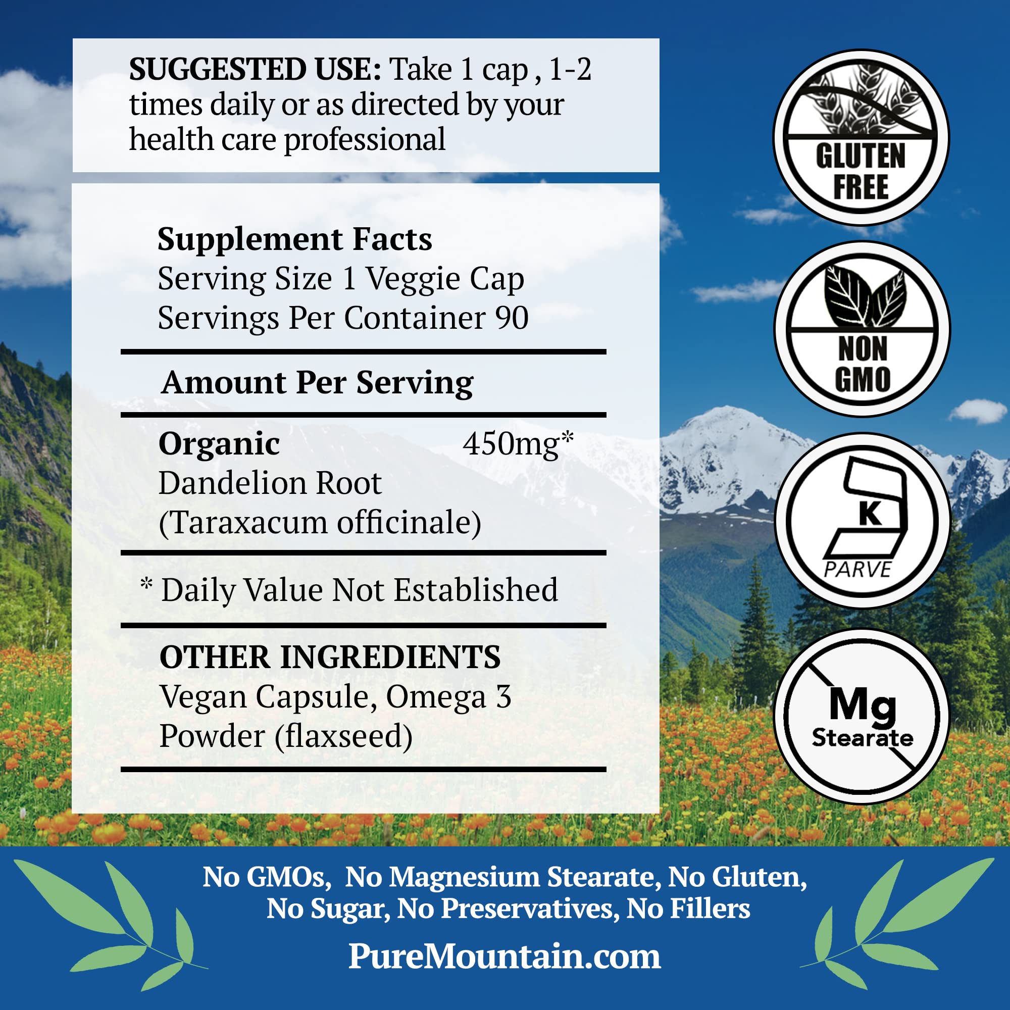 Pure Mountain Botanicals Dandelion Root & Omega-3 Capsules bottle side view