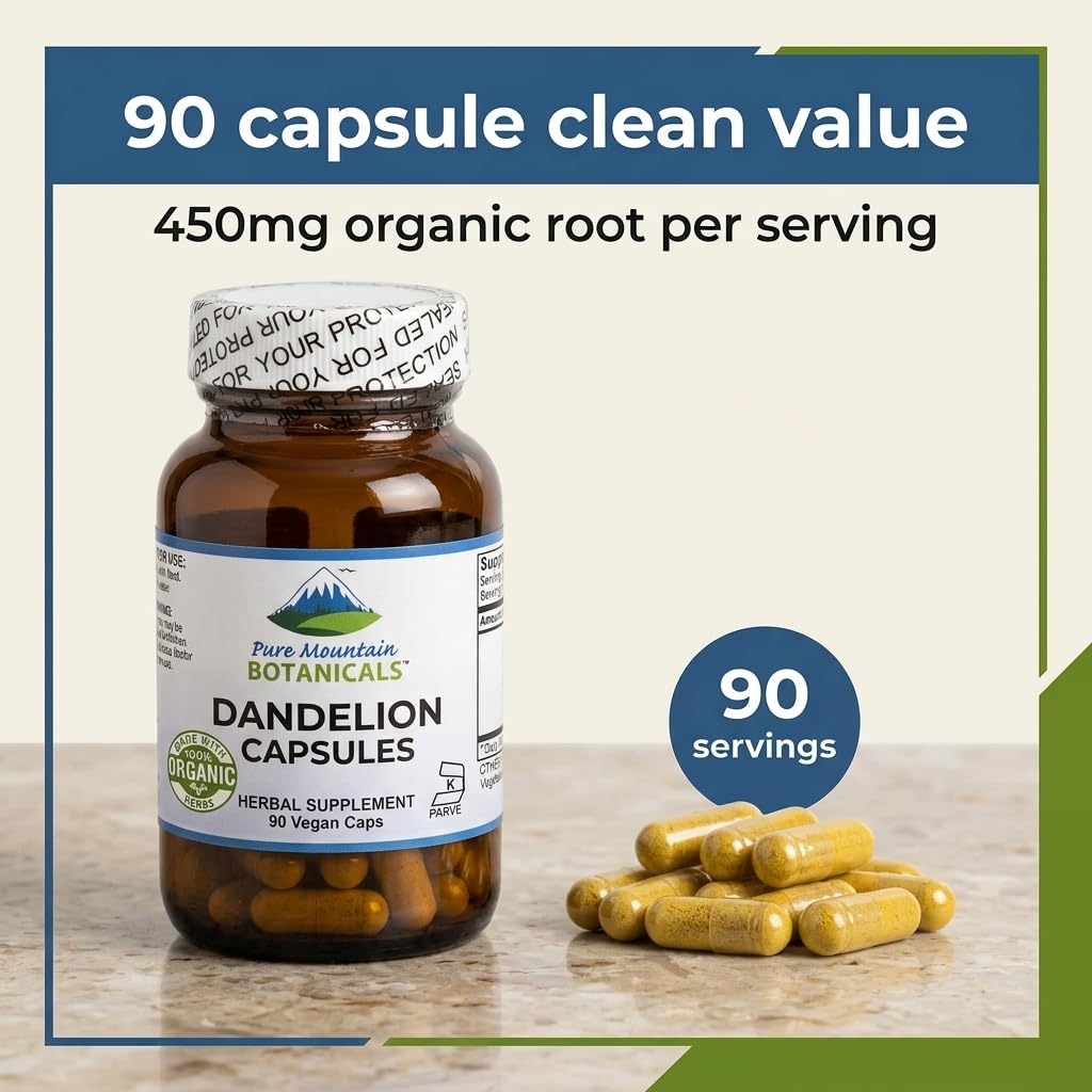 Pure Mountain Botanicals Dandelion Root & Omega-3 Capsules in a lifestyle setting