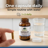Pure Mountain Botanicals Dandelion Root & Omega-3 Capsules on a wooden table