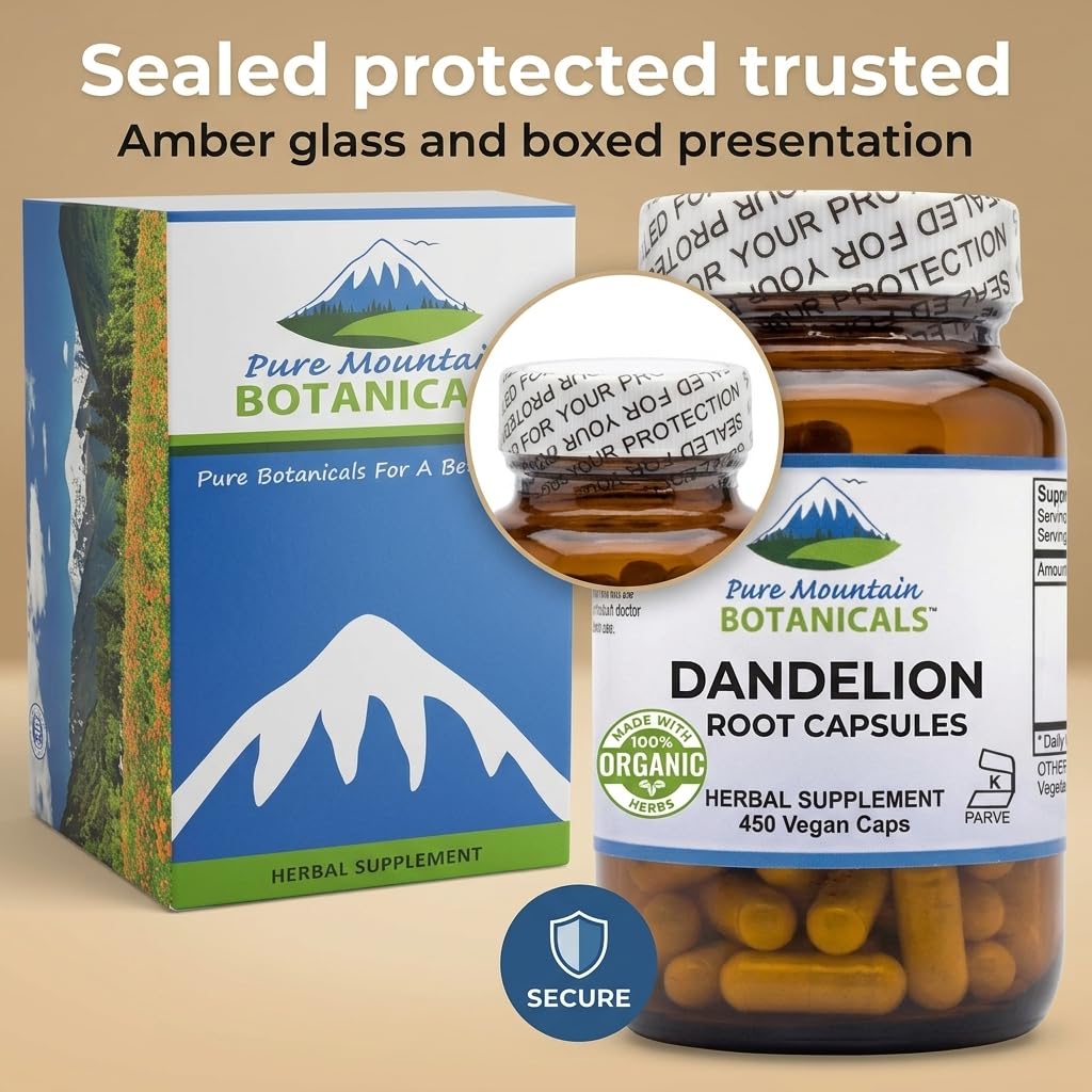 Pure Mountain Botanicals Dandelion Root & Omega-3 Capsules with a measuring spoon