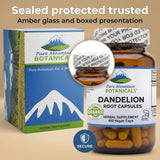 Pure Mountain Botanicals Dandelion Root & Omega-3 Capsules with a measuring spoon