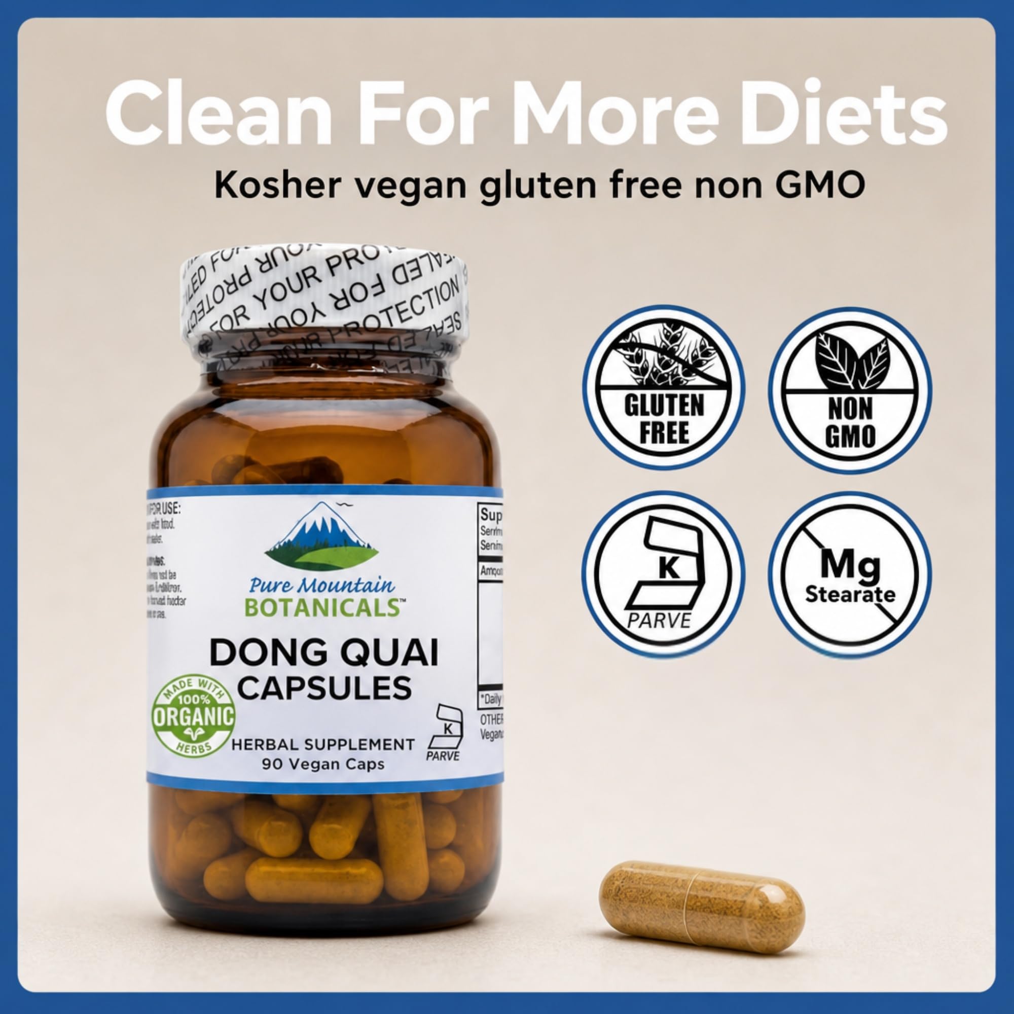 Pure Mountain Botanicals Dong Quai 500mg capsules in a lifestyle setting