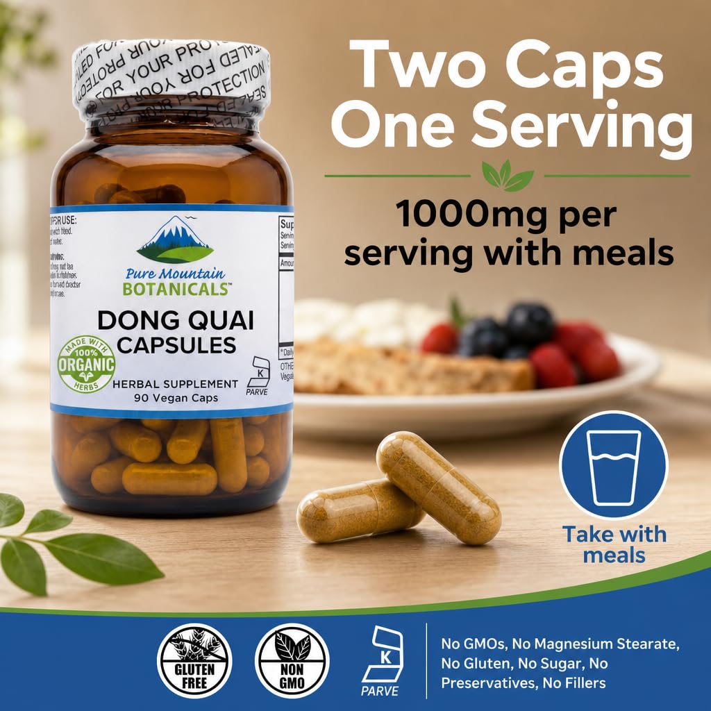 Pure Mountain Botanicals Dong Quai 500mg capsules with a measuring spoon