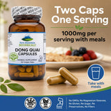 Pure Mountain Botanicals Dong Quai 500mg capsules with a measuring spoon