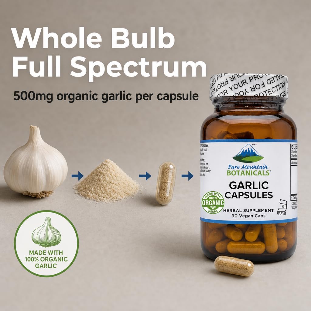 Pure Mountain Botanicals Garlic Supplement capsules close-up