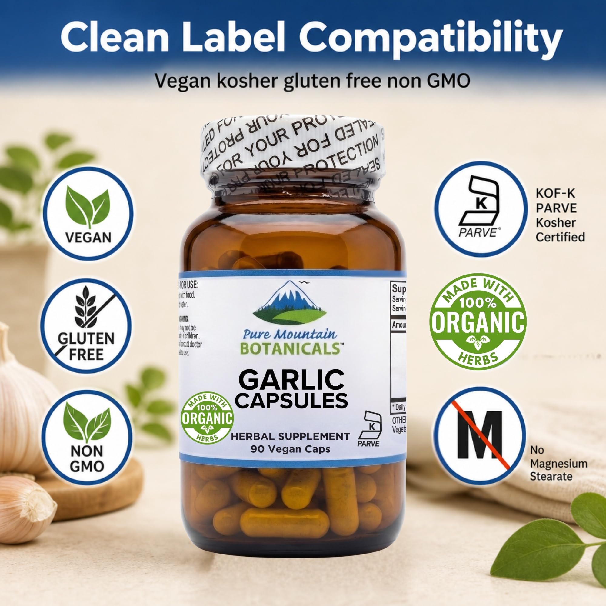 Pure Mountain Botanicals Garlic Supplement capsules on a wooden table