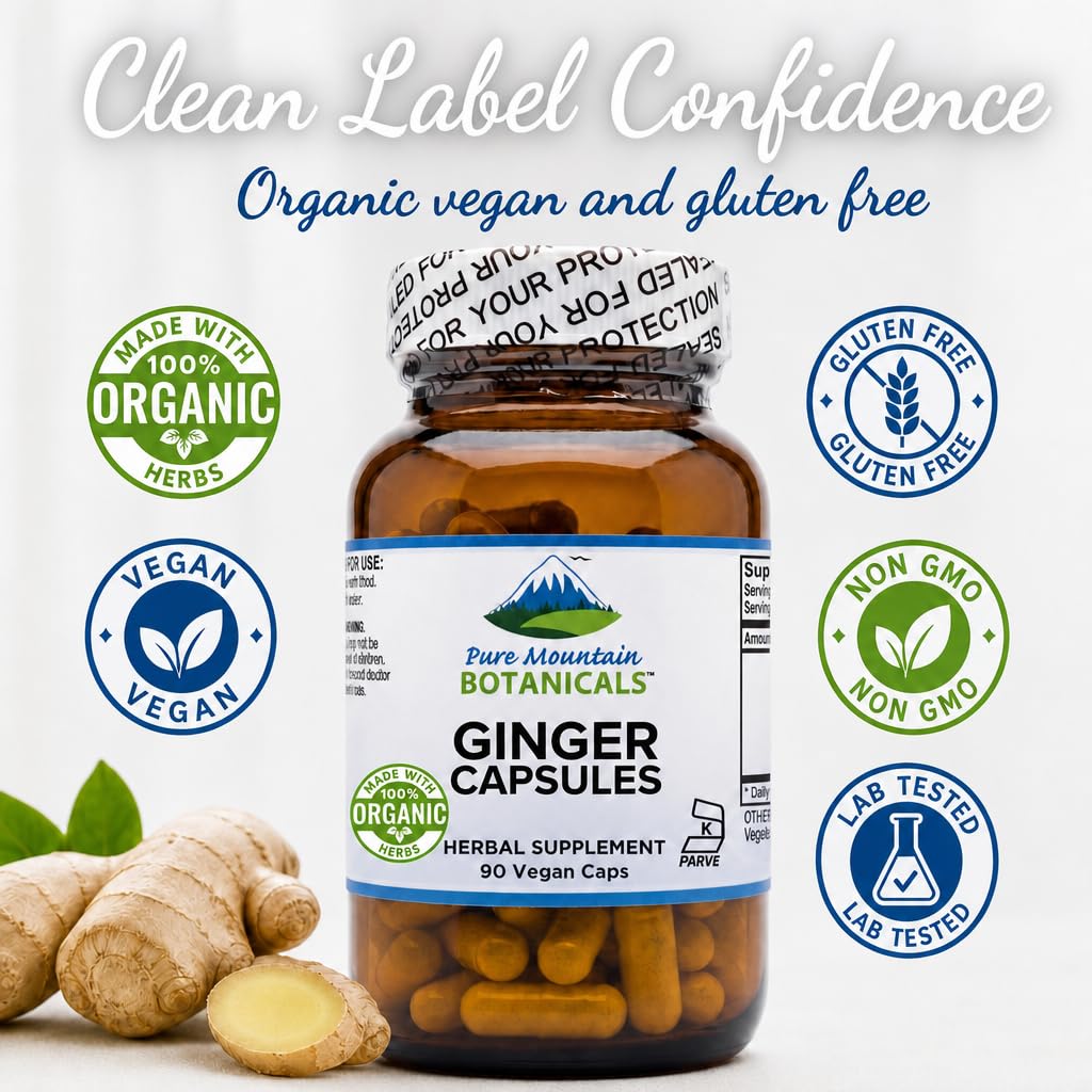 Pure Mountain Botanicals Ginger Root Capsules on a wooden table