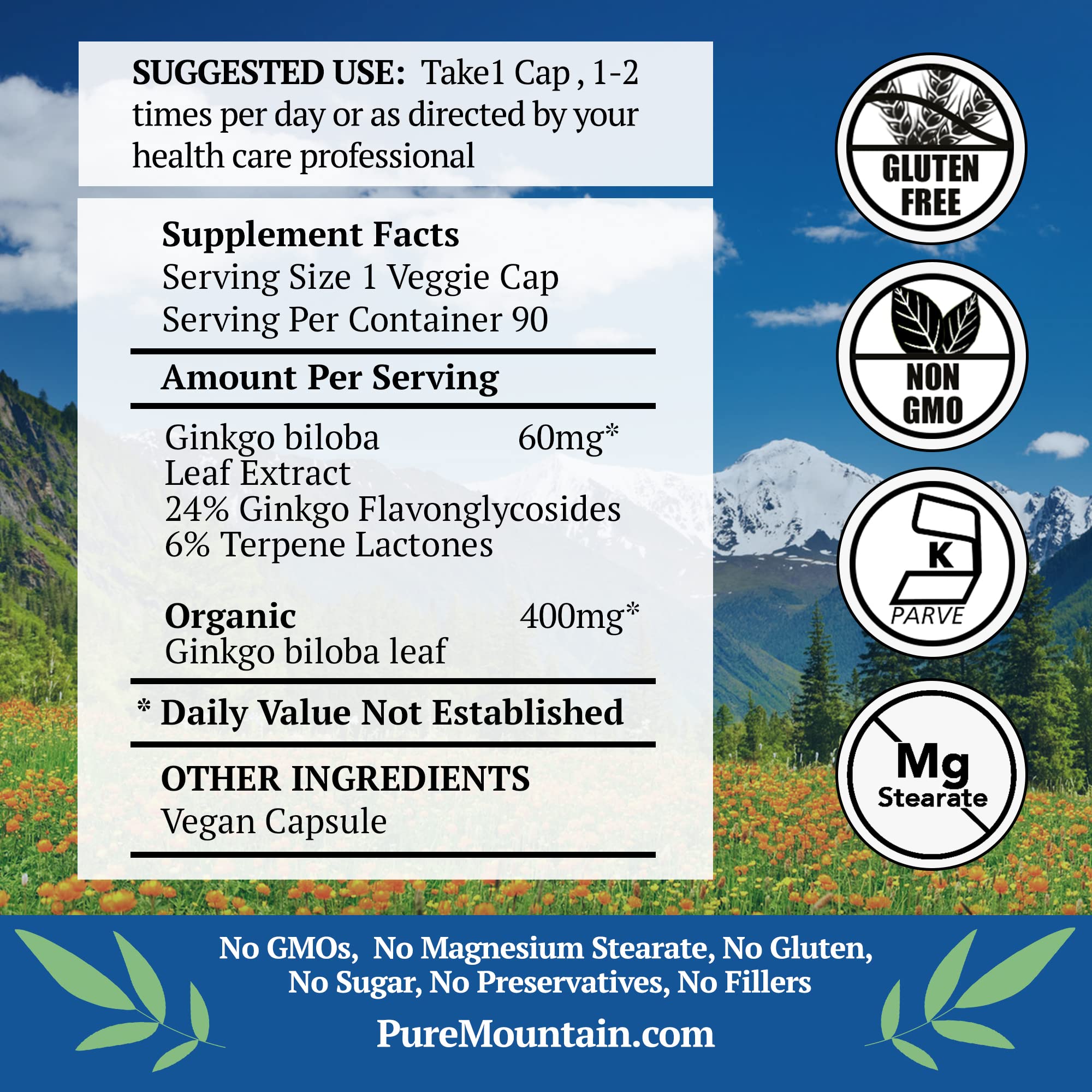 Pure Mountain Botanicals Ginkgo Biloba 90 vegetarian capsules side view
