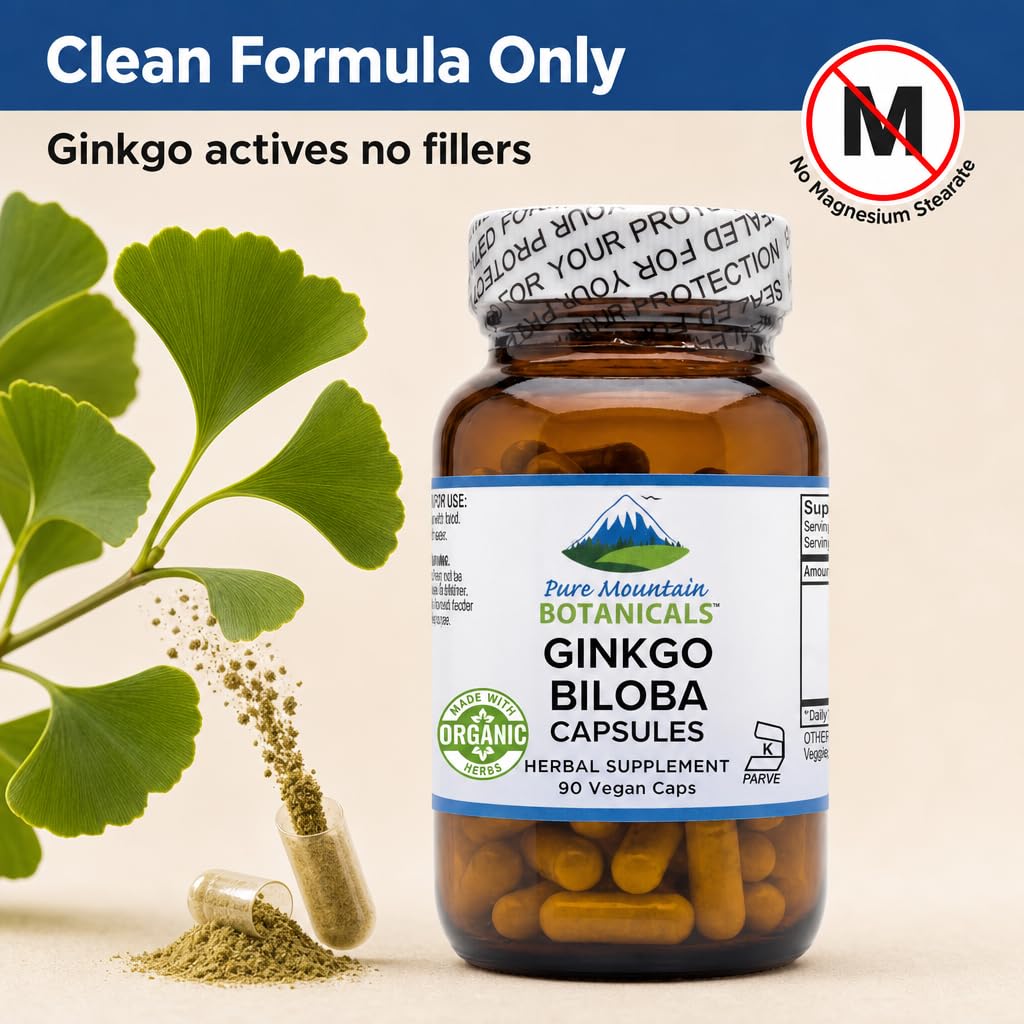Pure Mountain Botanicals Ginkgo Biloba capsules in amber glass bottle