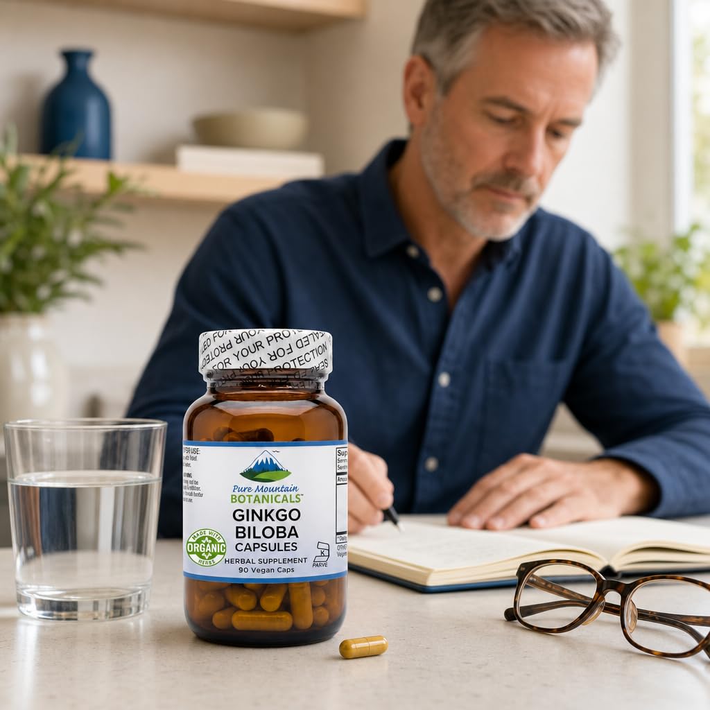 Pure Mountain Botanicals Ginkgo Biloba capsules on a wooden table