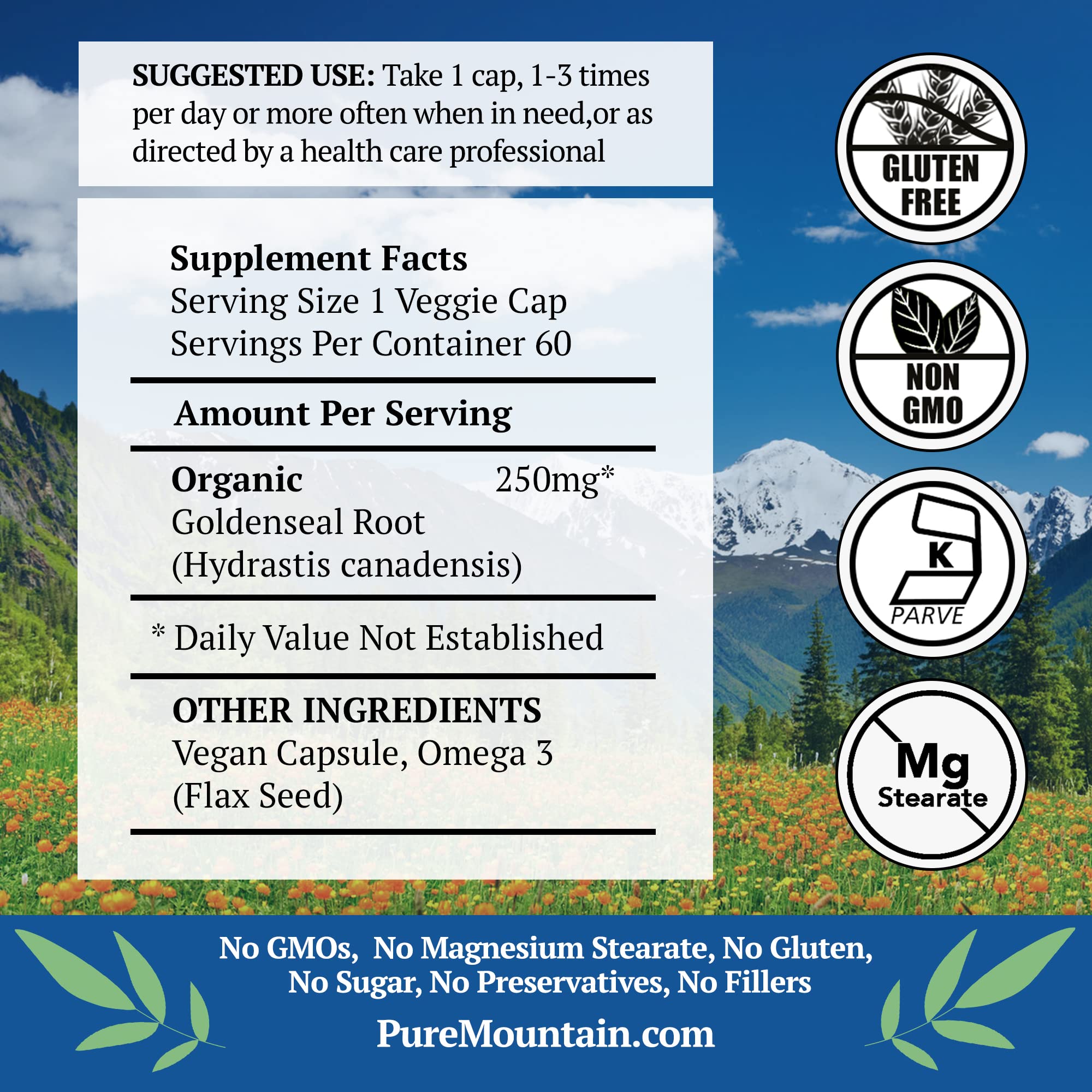 Pure Mountain Botanicals Goldenseal Capsules 250mg bottle side view