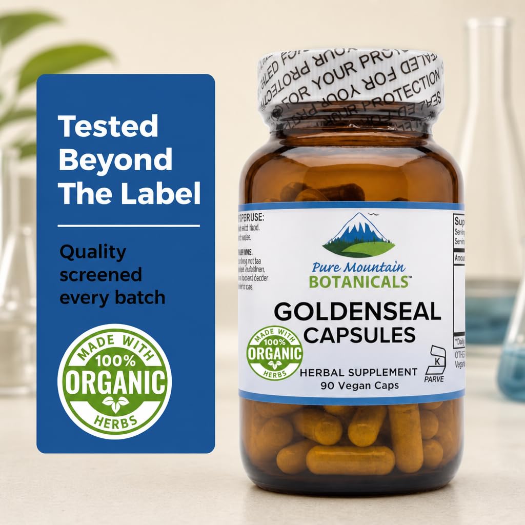 Pure Mountain Botanicals Goldenseal Capsules 250mg capsules on a table