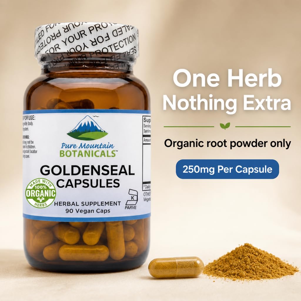 Pure Mountain Botanicals Goldenseal Capsules 250mg label close-up