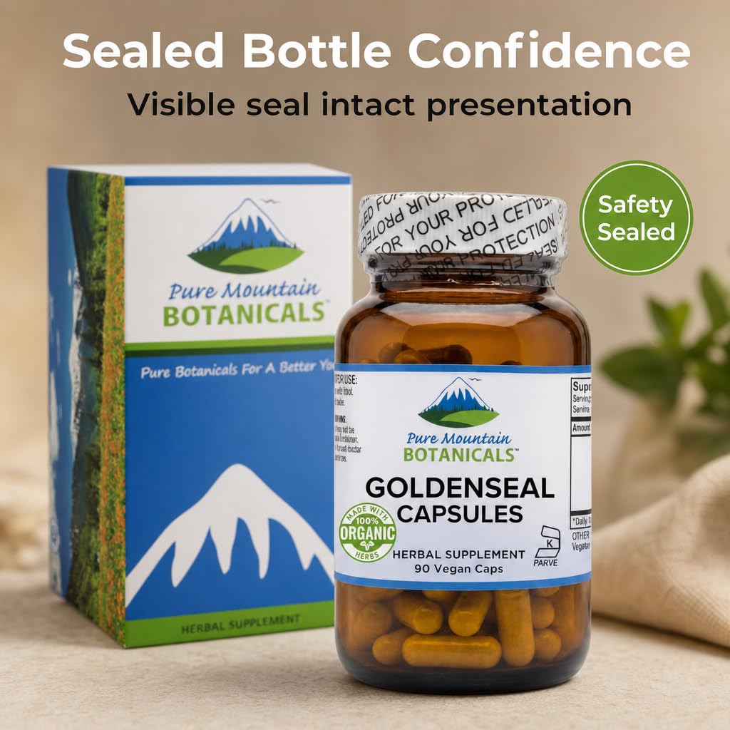 Pure Mountain Botanicals Goldenseal Capsules 250mg with herbal background