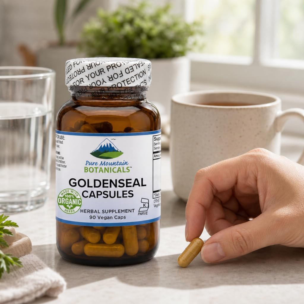 Pure Mountain Botanicals Goldenseal Capsules 250mg with measuring spoon