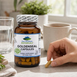Pure Mountain Botanicals Goldenseal Capsules 250mg with measuring spoon