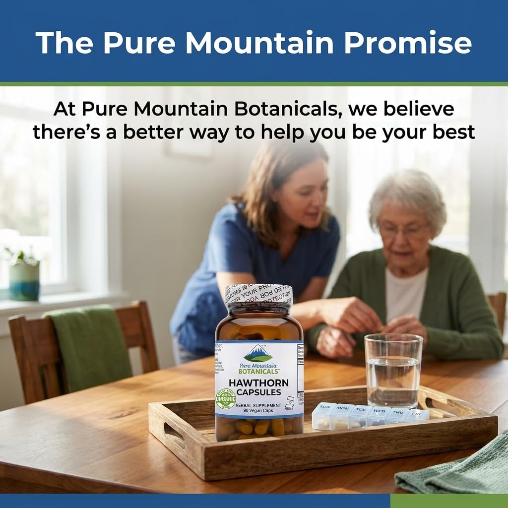 Pure Mountain Botanicals Hawthorn Berry Supplement bottle with a heart-healthy meal