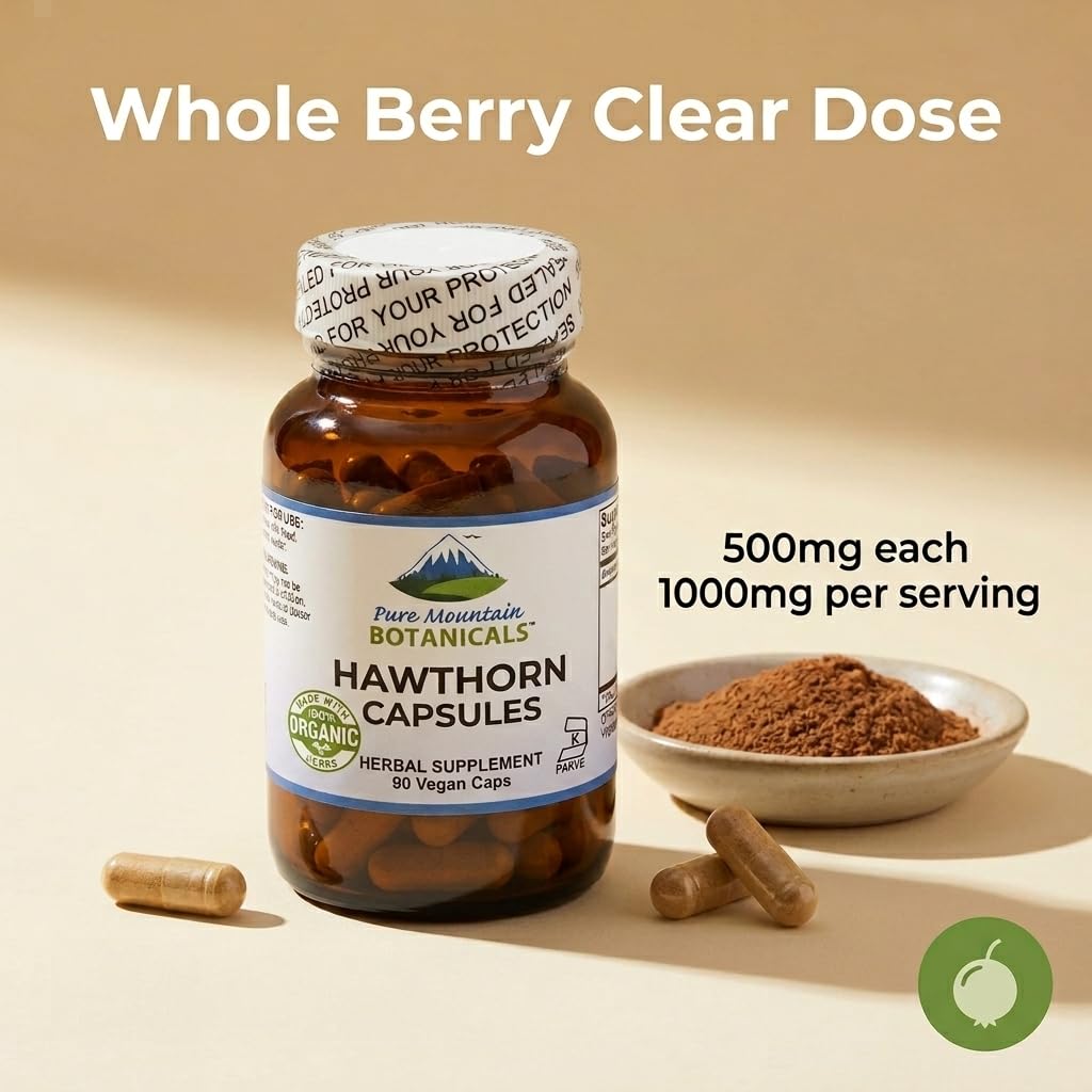 Pure Mountain Botanicals Hawthorn Berry Supplement bottle with measuring spoon
