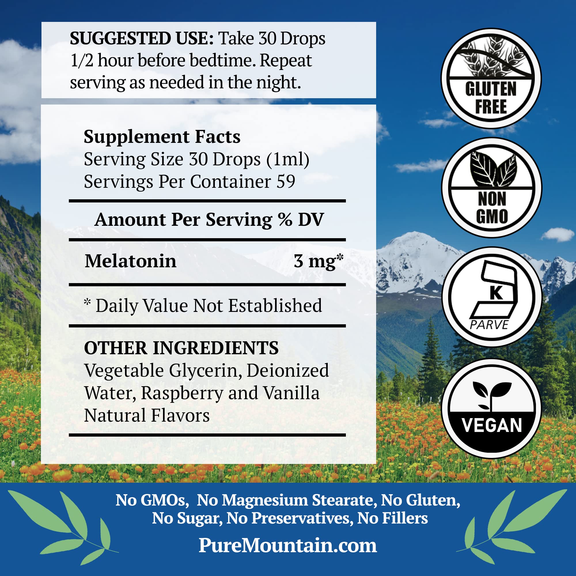 Pure Mountain Botanicals Liquid Melatonin 3mg Drops glass bottle with dropper