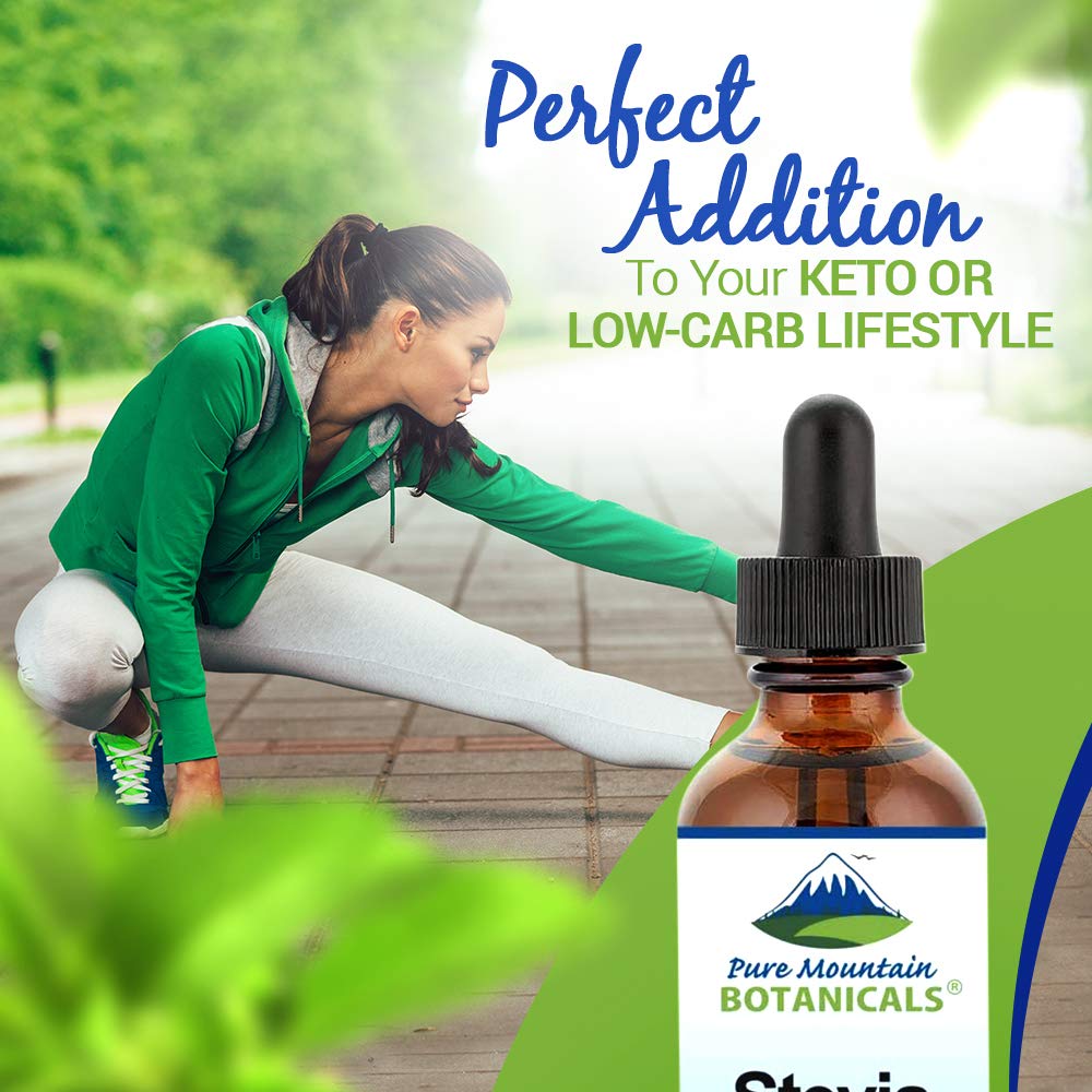 Pure Mountain Botanicals Liquid Stevia Drops 1oz bottle with coffee