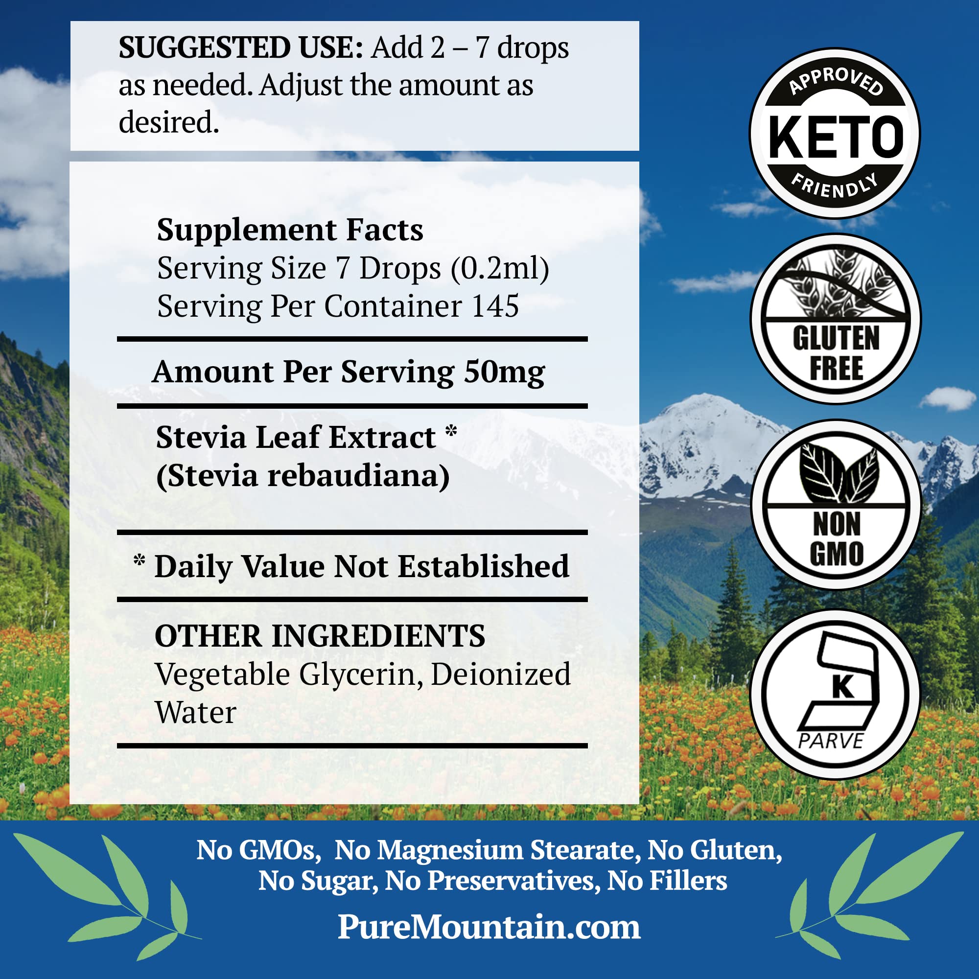 Pure Mountain Botanicals Liquid Stevia Drops 1oz glass bottle side view