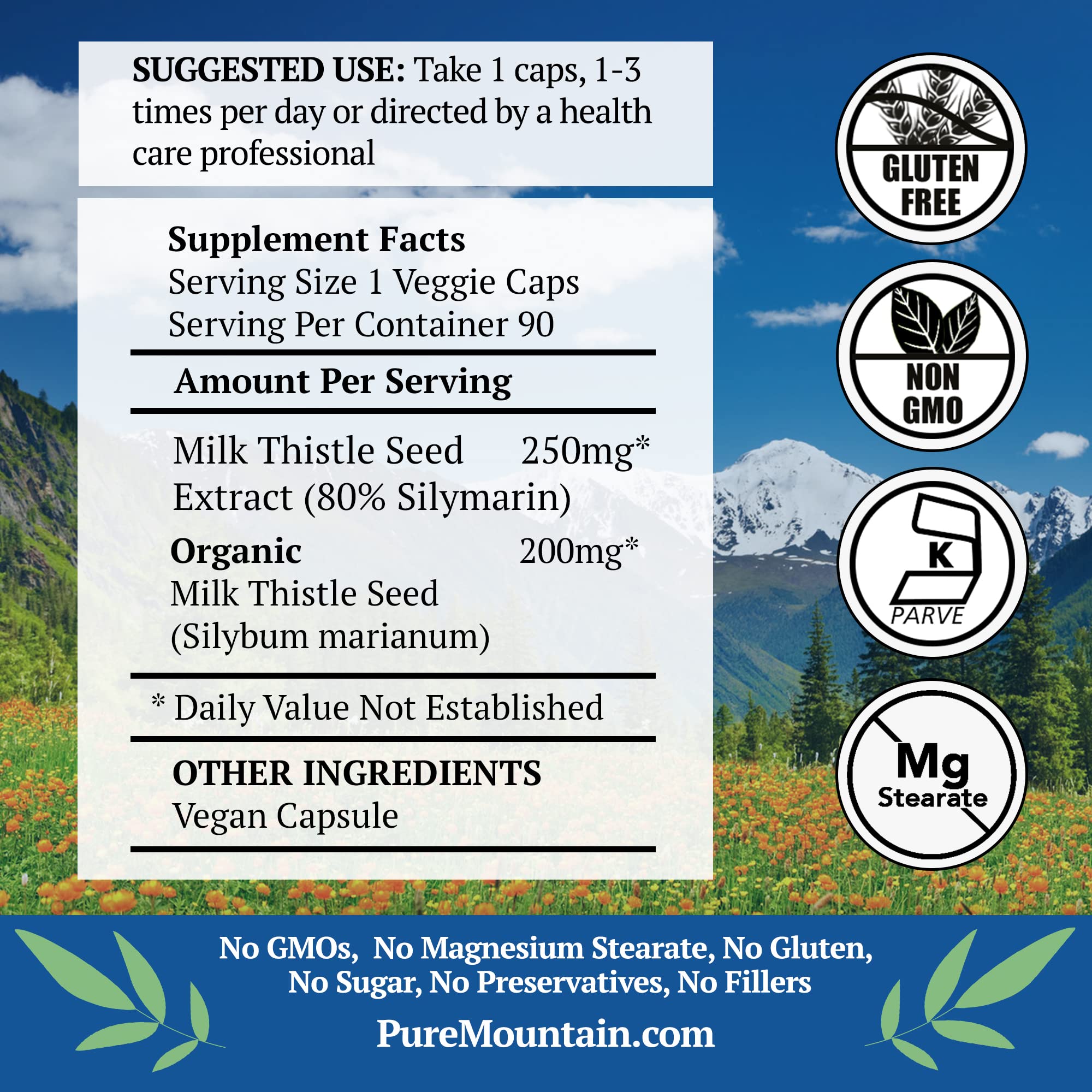 Pure Mountain Botanicals Milk Thistle bottle with 90 capsules