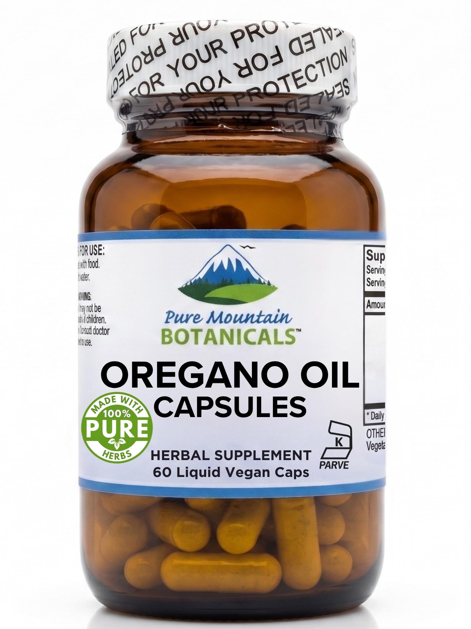 Pure Mountain Botanicals Oregano Oil Capsules bottle front view