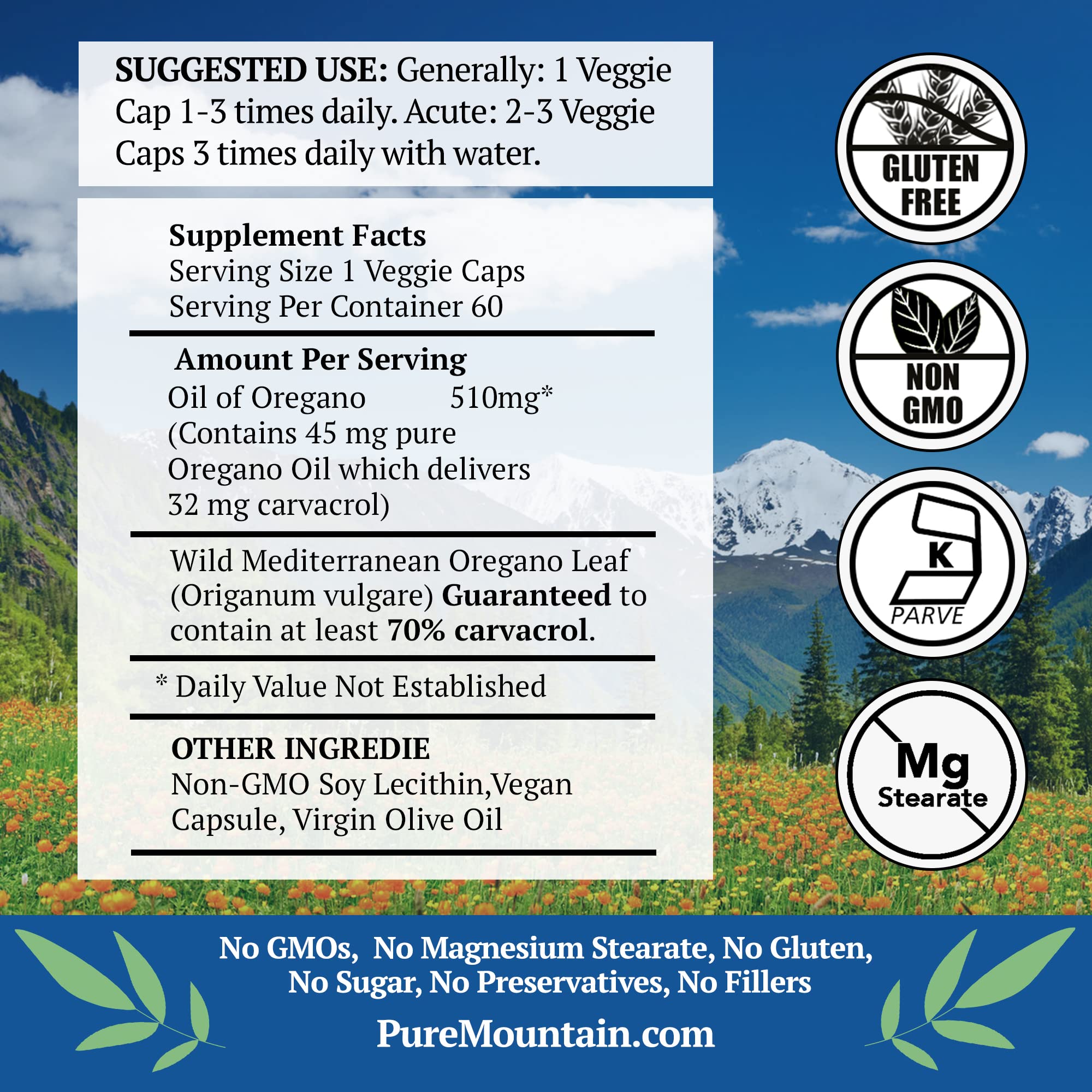 Pure Mountain Botanicals Oregano Oil Capsules side view showing label