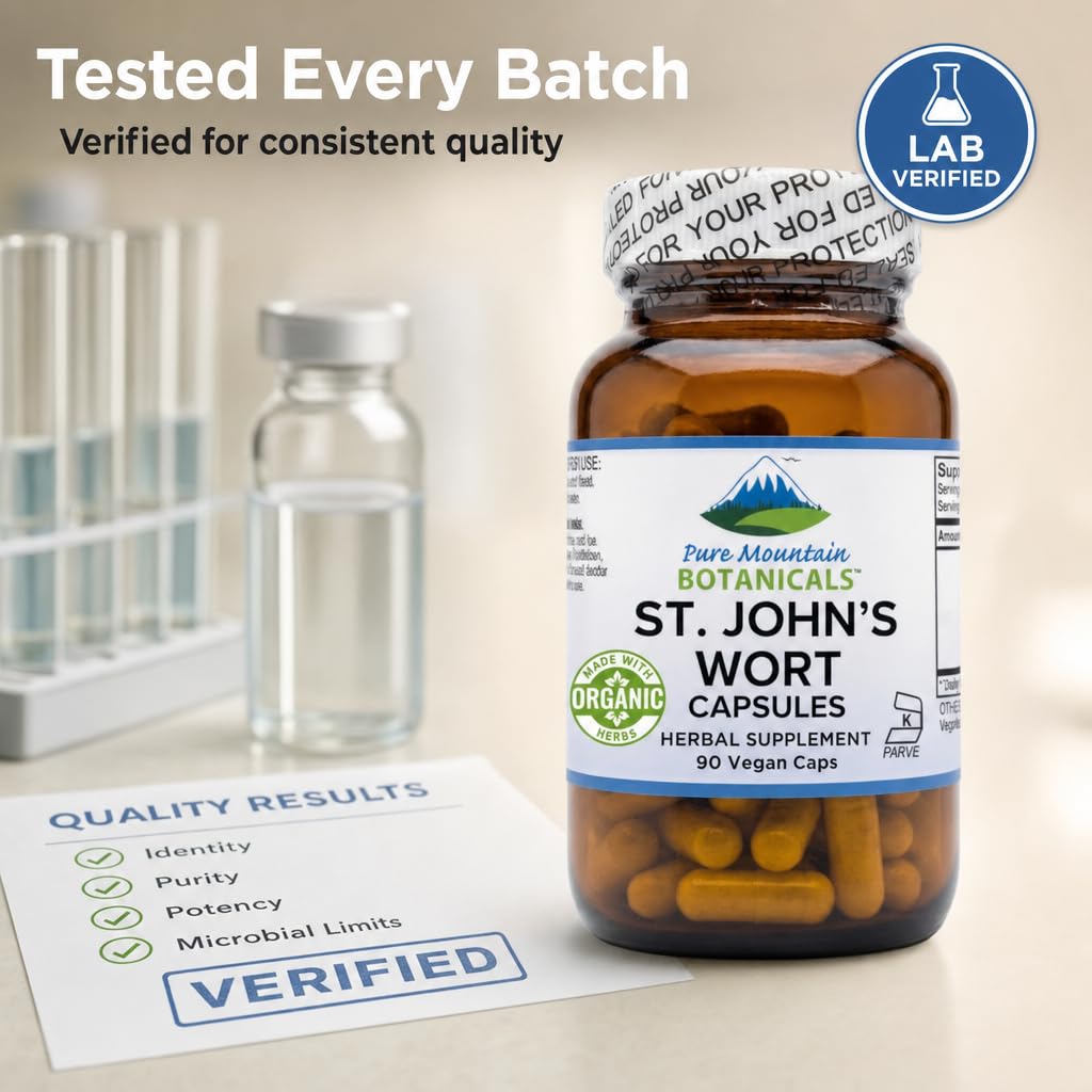 Pure Mountain Botanicals St. John's Wort capsules on a plain background