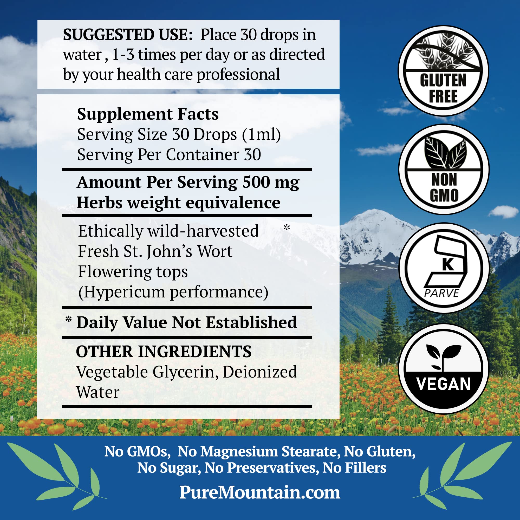Pure Mountain Botanicals St. John's Wort Liquid Extract 500mg dropper close-up