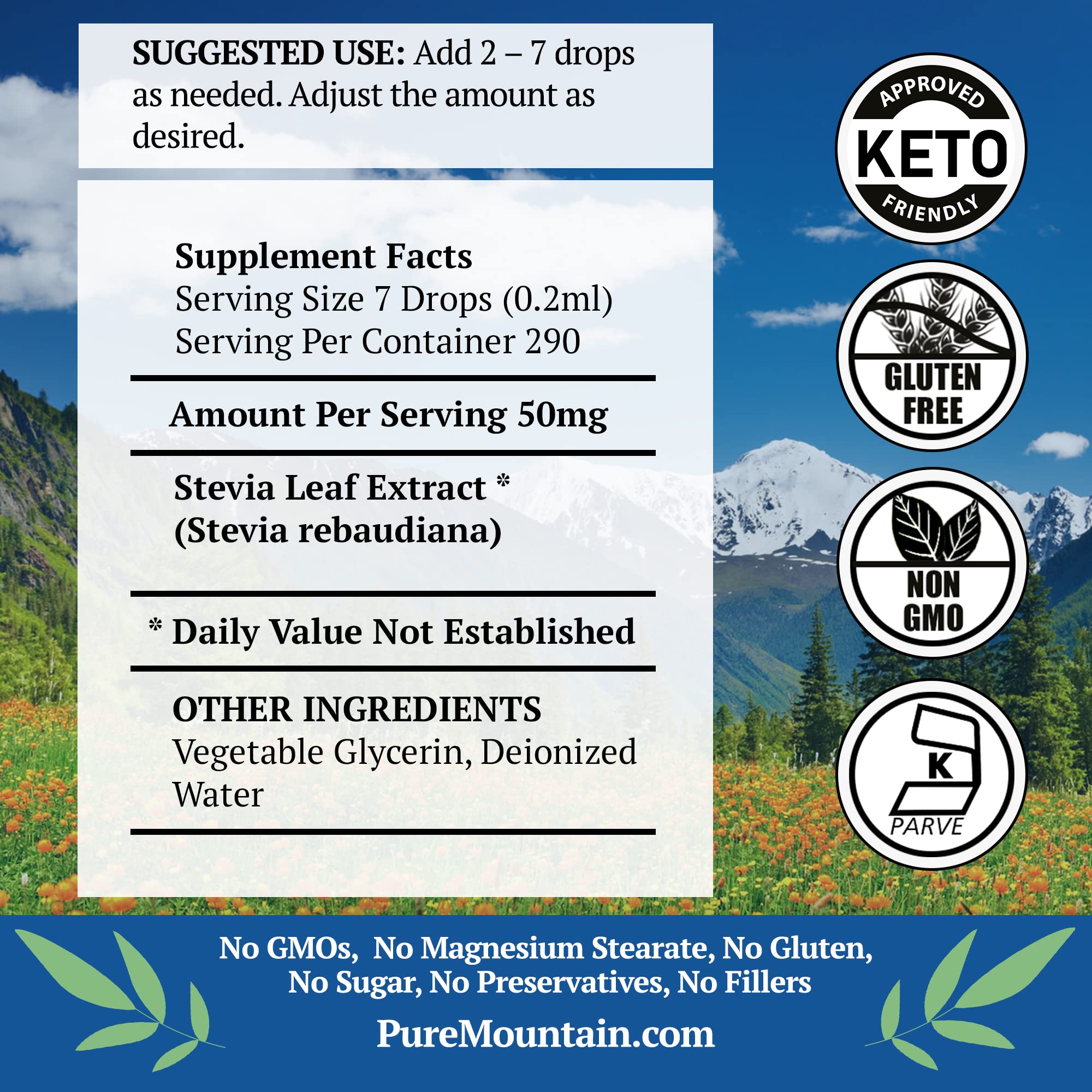 Pure Mountain Botanicals Stevia Liquid Sweetener side view