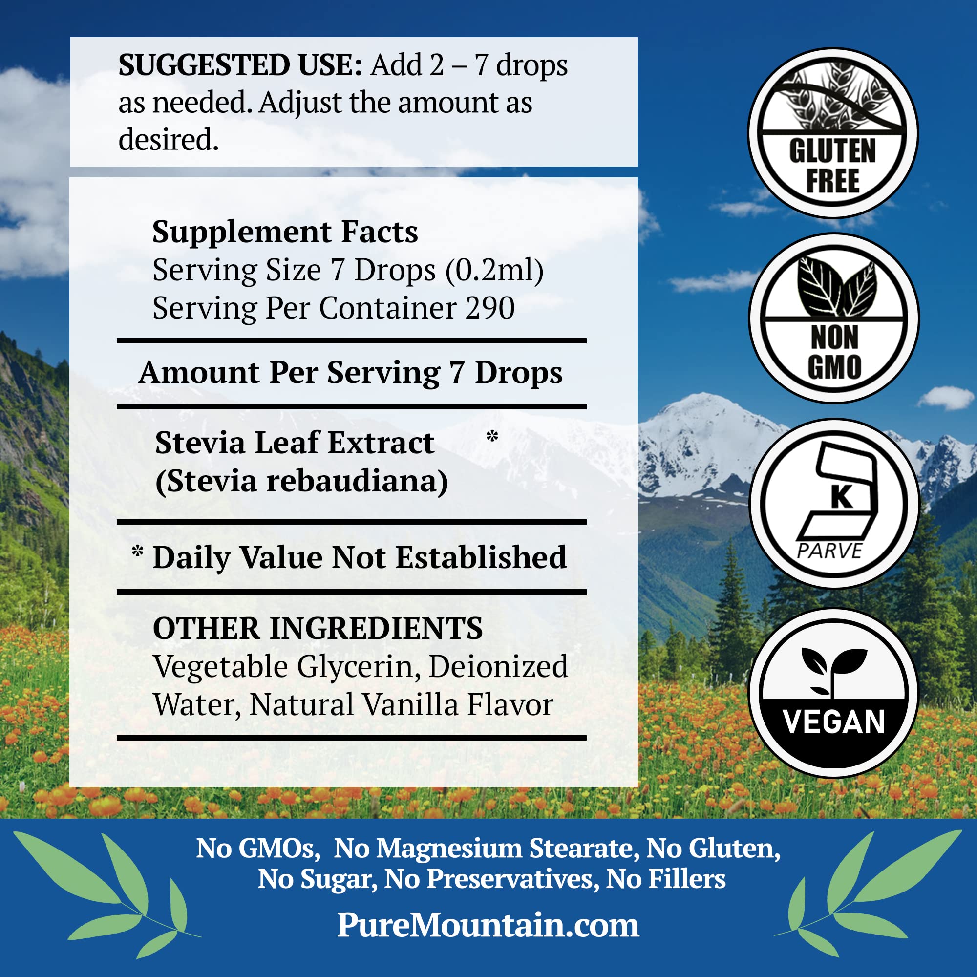 Pure Mountain Botanicals Vanilla Stevia Liquid Sweetener 2 oz glass bottle with dropper