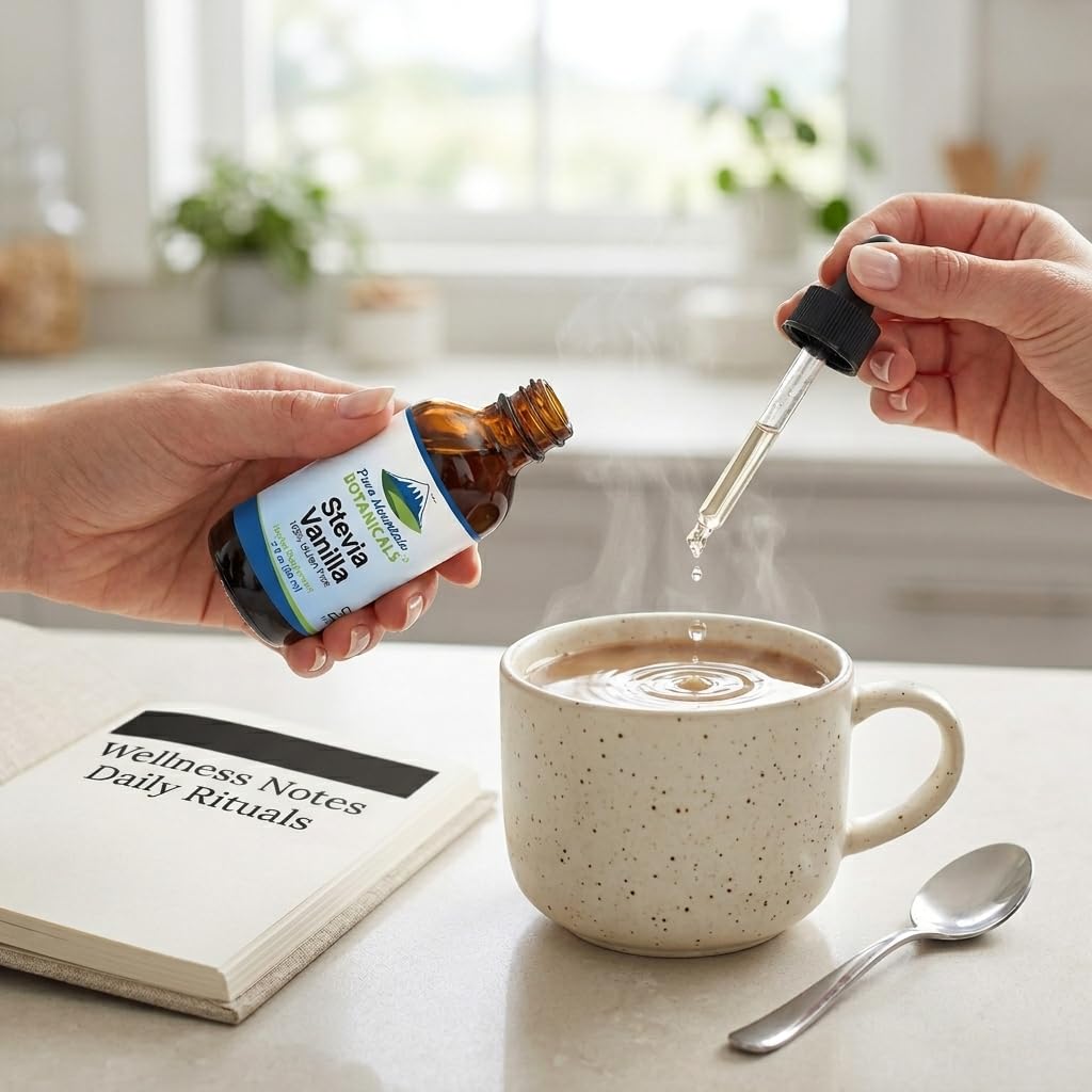 Pure Mountain Botanicals Vanilla Stevia Liquid Sweetener displayed on a kitchen counter