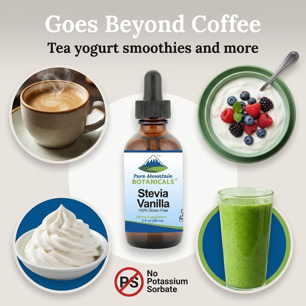 Pure Mountain Botanicals Vanilla Stevia Liquid Sweetener in a coffee cup