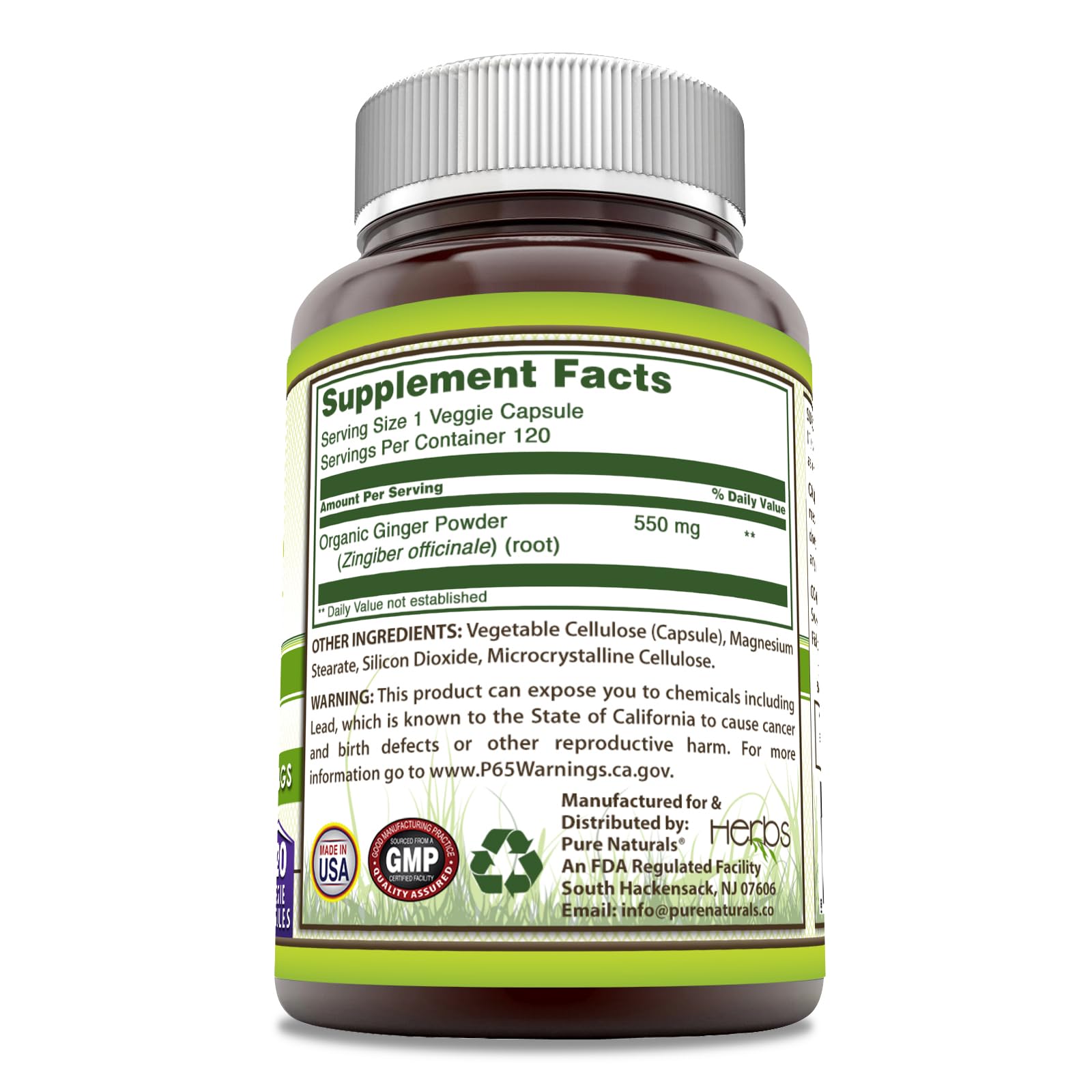 Pure Naturals Ginger Root Supplement 550mg capsules side view