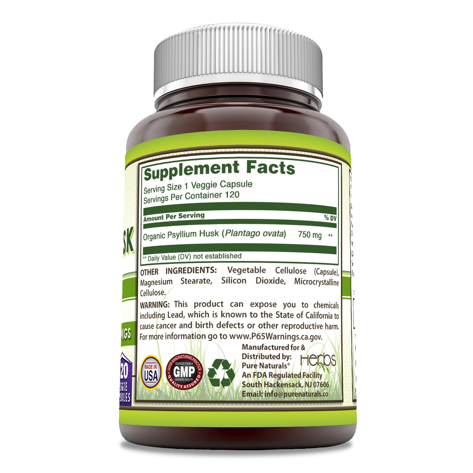 Pure Naturals Psyllium Husk Supplement 750mg bottle side view