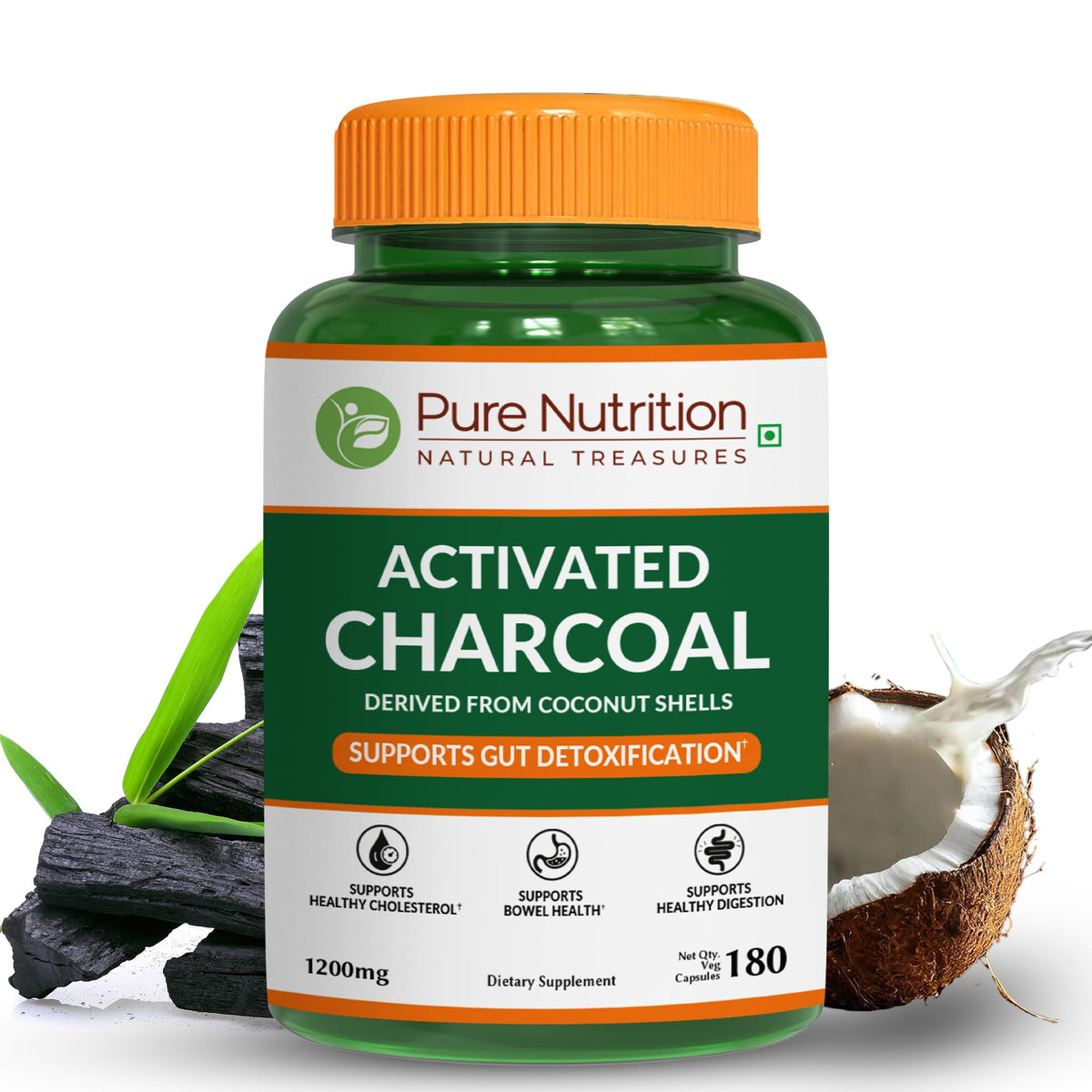 PURE NUTRITION Activated Charcoal 180 Capsules front view