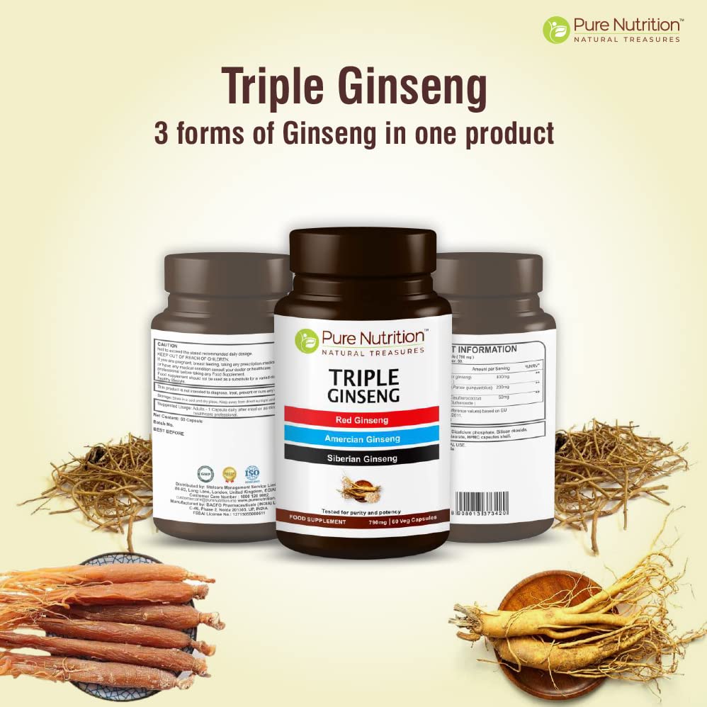 PURE NUTRITION Ginseng Supplement capsules on a wooden surface