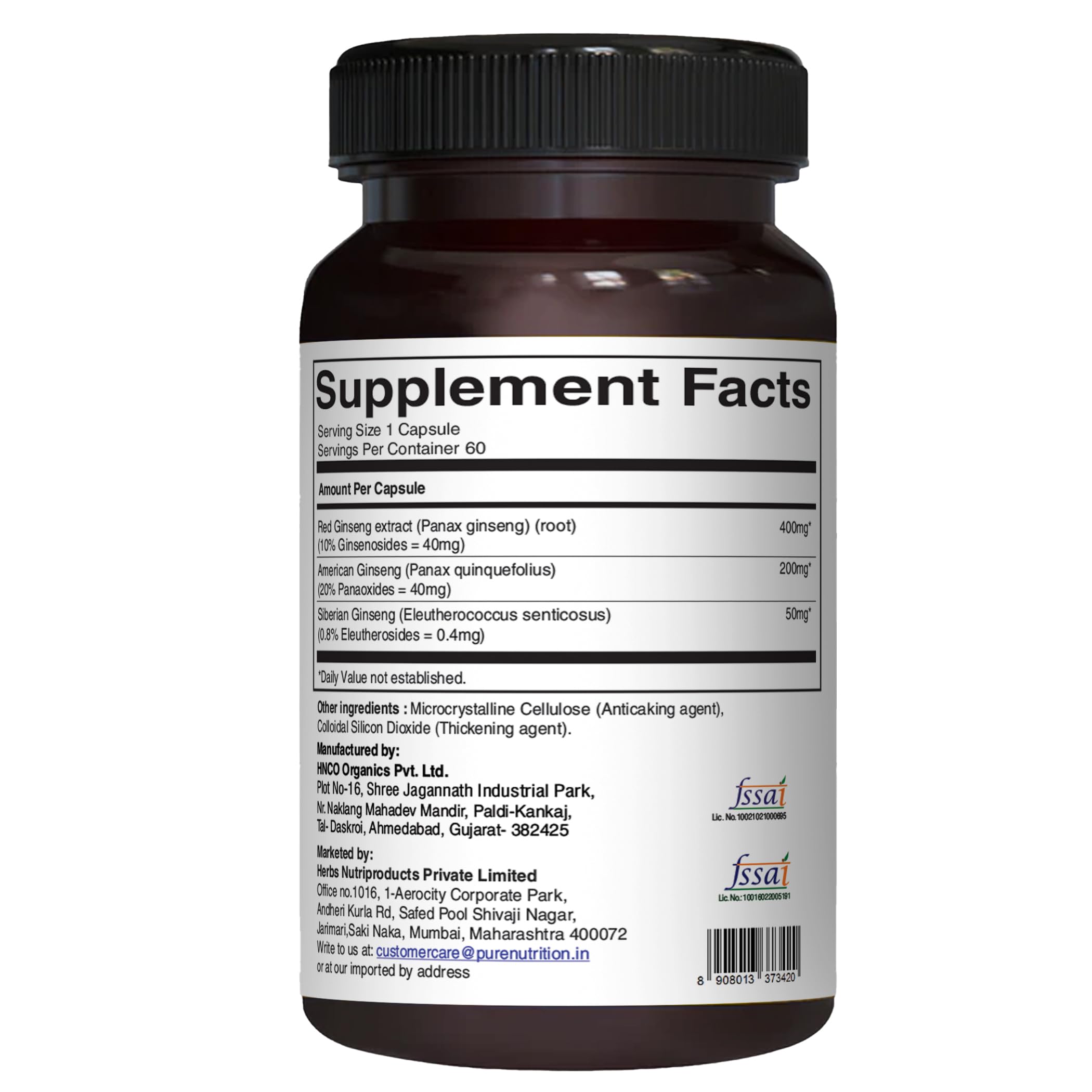 PURE NUTRITION Ginseng Supplement packaging and ingredients list