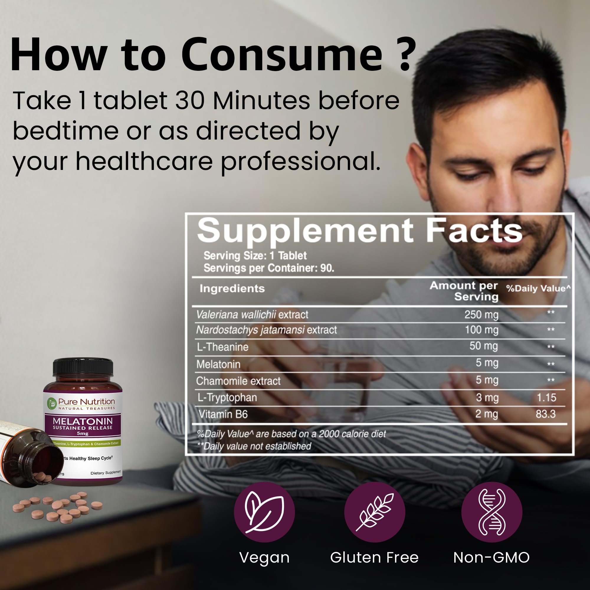 PURE NUTRITION Melatonin 5mg bottle with a measuring spoon