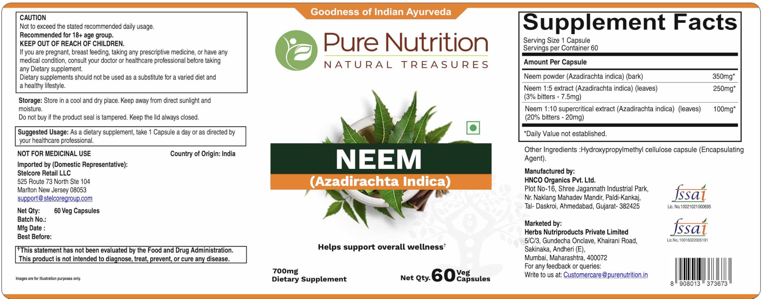 PURE NUTRITION Neem Extract & Powder ingredients list
