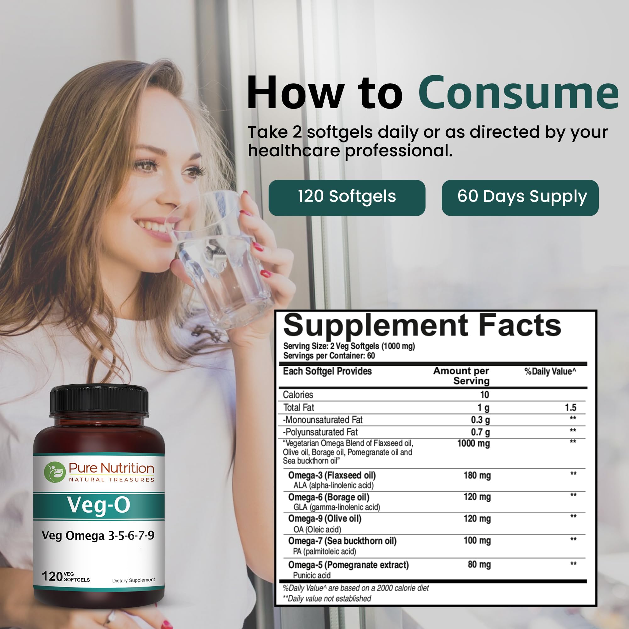 PURE NUTRITION Omega 3-6-9 Softgels on a kitchen counter
